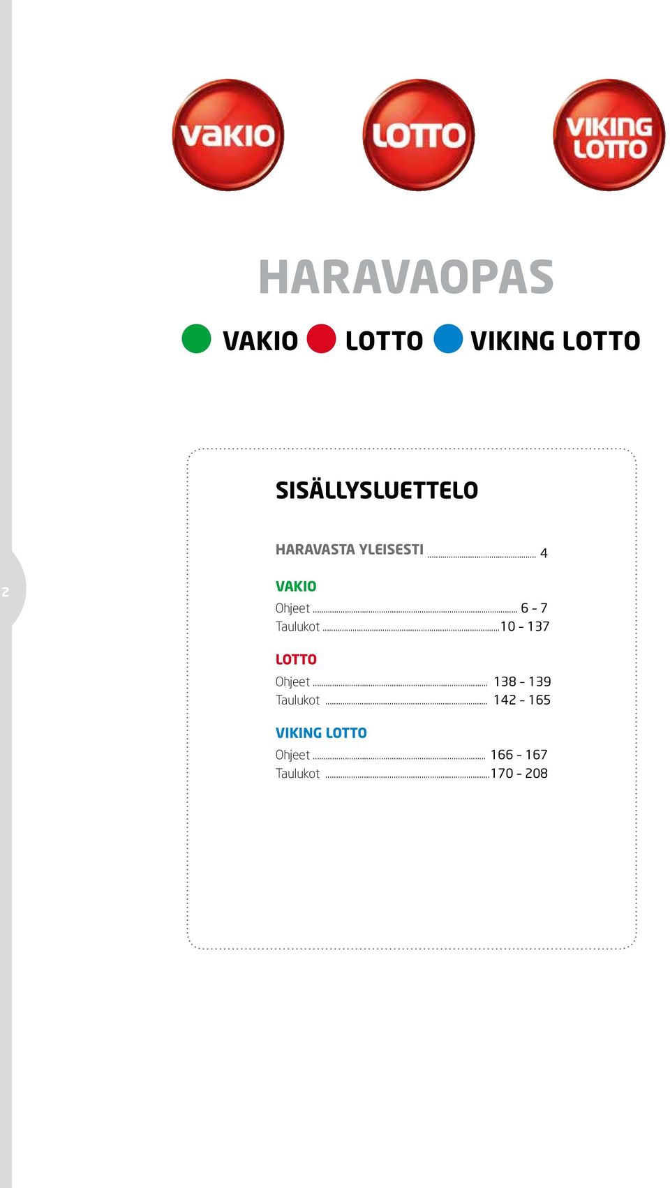 .. 10 137 LOTTO Ohjeet... 138 139 Taulukot.