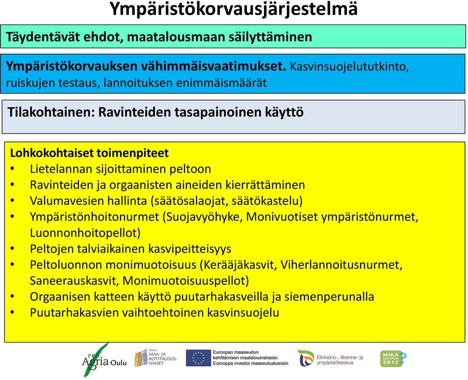 Ravinteiden ja orgaanisten aineiden kierrättäminen Valumavesien hallinta (säätösalaojat, säätökastelu) Ympäristönhoitonurmet (Suojavyöhyke, Monivuotiset ympäristönurmet,