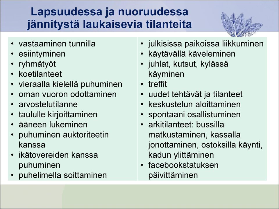 soittaminen julkisissa paikoissa liikkuminen käytävällä käveleminen juhlat, kutsut, kylässä käyminen treffit uudet tehtävät ja tilanteet keskustelun