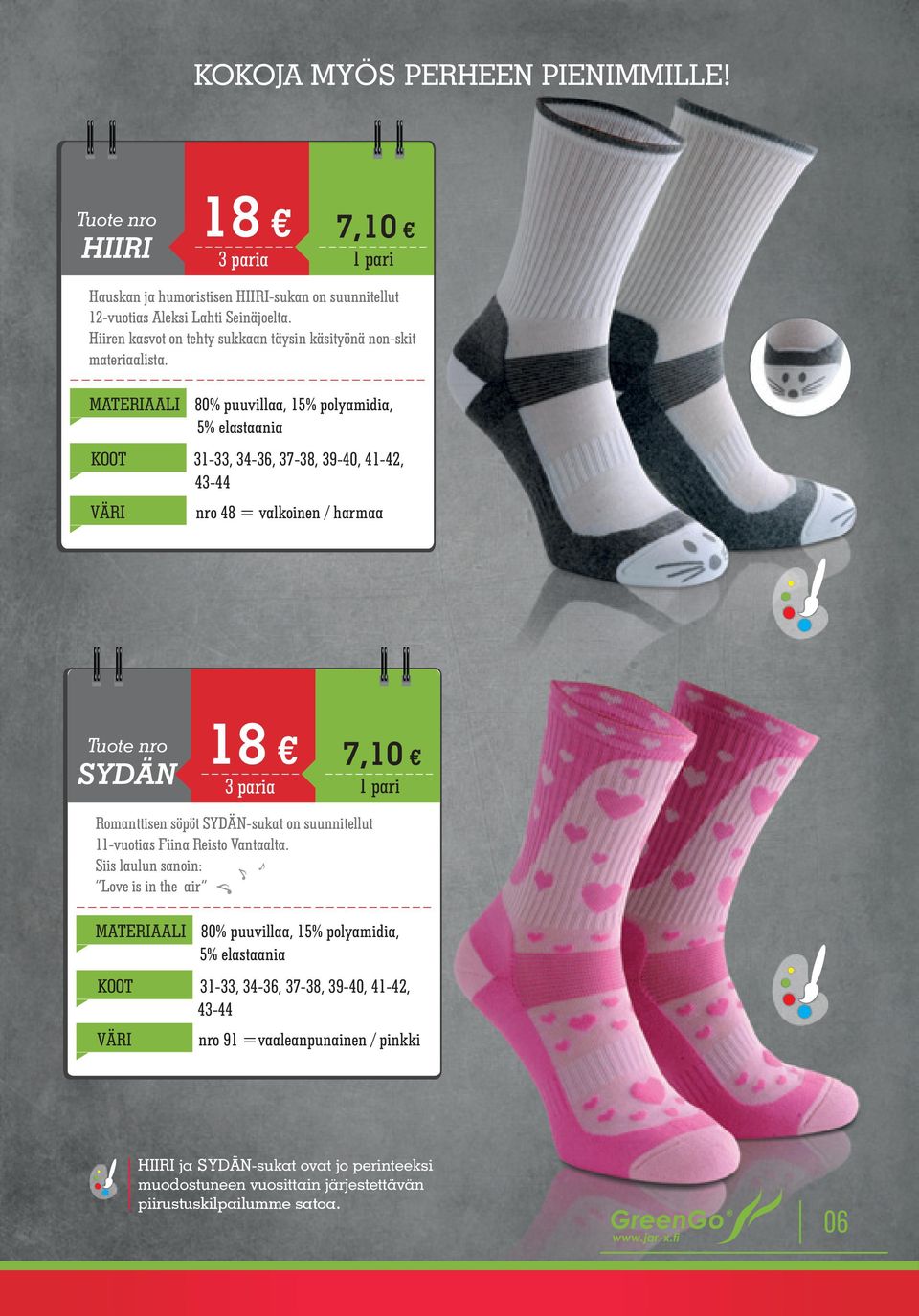 MATERIAALI 80% puuvillaa, 15% polyamidia, 5% elastaania KOOT 31-33, 34-36, 37-38, 39-40, 41-42, 43-44 nro 48 = valkoinen / harmaa SYDÄN 18 3 paria 7,10 Romanttisen söpöt SYDÄN-sukat
