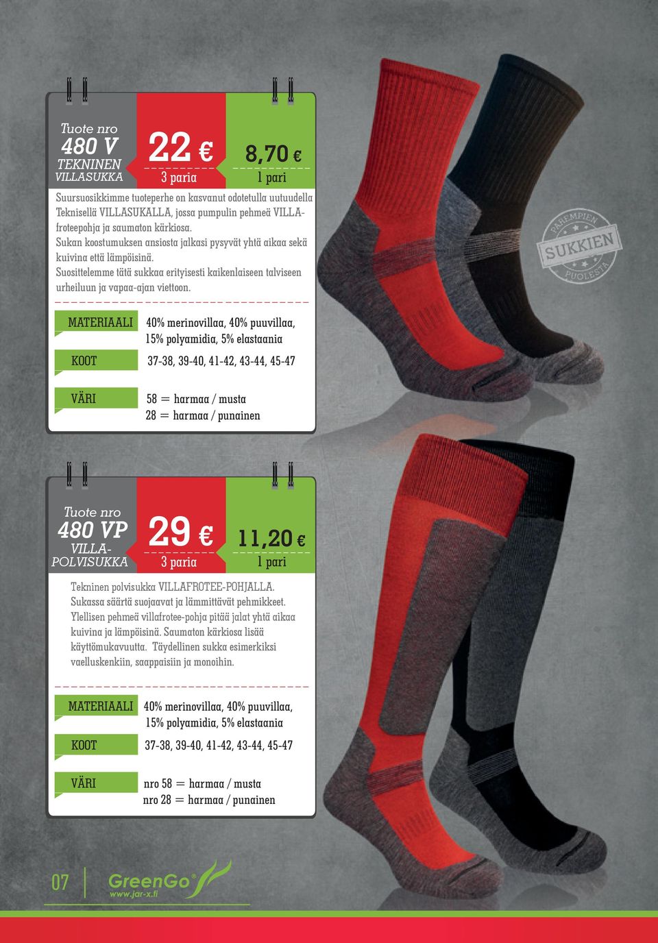 MATERIAALI 40% merinovillaa, 40% puuvillaa, 15% polyamidia, 5% elastaania KOOT 37-38, 39-40, 41-42, 43-44, 45-47 58 = harmaa / musta 28 = harmaa / punainen 480 VP VILLA- POLVISUKKA 29 3 paria 11,20