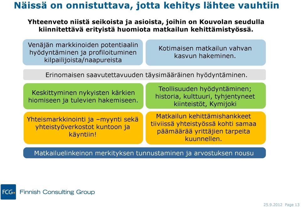 Keskittyminen nykyisten kärkien hiomiseen ja tulevien hakemiseen. Yhteismarkkinointi ja myynti sekä yhteistyöverkostot kuntoon ja käyntiin!