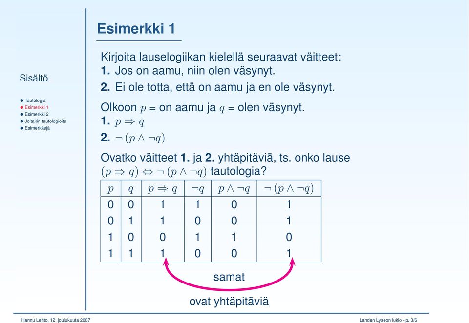 (p q) Ovatko väitteet 1. ja 2. yhtäpitäviä, ts. onko lause (p q) (p q) tautologia?