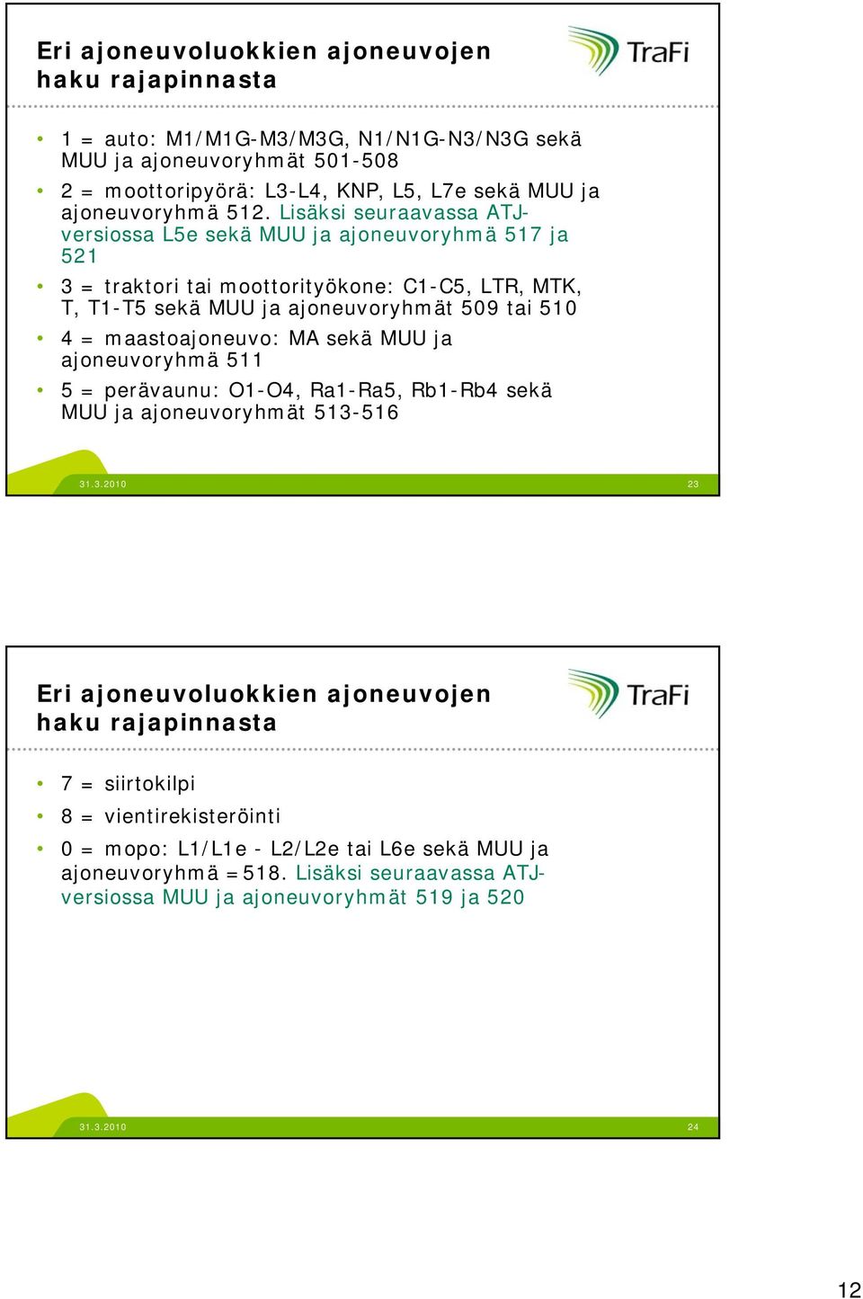 Lisäksi seuraavassa ATJversiossa L5e sekä MUU ja ajoneuvoryhmä 517 ja 521 3 = traktori tai moottorityökone: C1-C5, LTR, MTK, T, T1-T5 sekä MUU ja ajoneuvoryhmät 509 tai 510 4 =