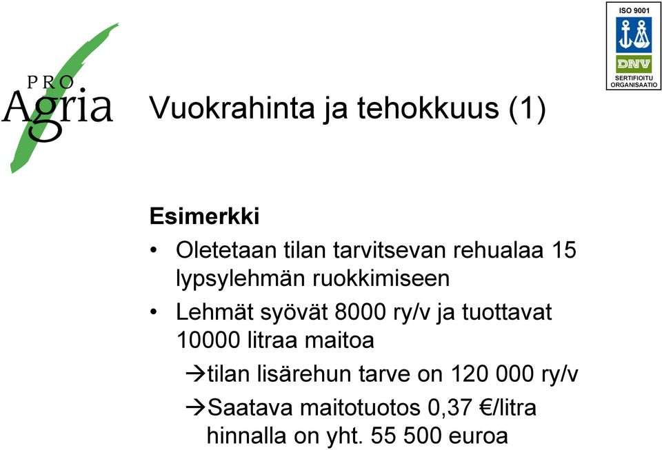 8000 ry/v ja tuottavat 10000 litraa maitoa tilan lisärehun tarve