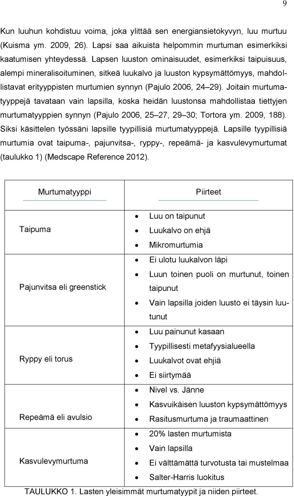 Joitain murtumatyyppejä tavataan vain lapsilla, koska heidän luustonsa mahdollistaa tiettyjen murtumatyyppien synnyn (Pajulo 2006, 25 27, 29 30; Tortora ym. 2009, 188).