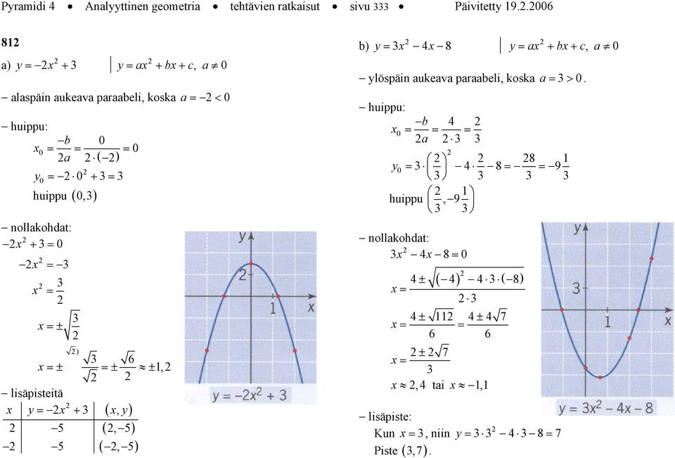 = = = =± ) =± 6 =± ±, lisäpisteitä y = + (, y) 5 (, 5) 5, 5 b) y = 8 y = + b+ c, ylöspäin ukev prbeli,