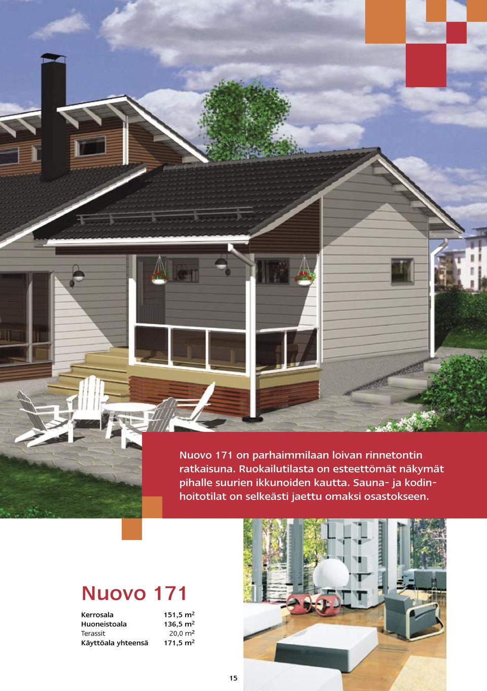 Sauna- ja kodinhoitotilat on selkeästi jaettu omaksi osastokseen.