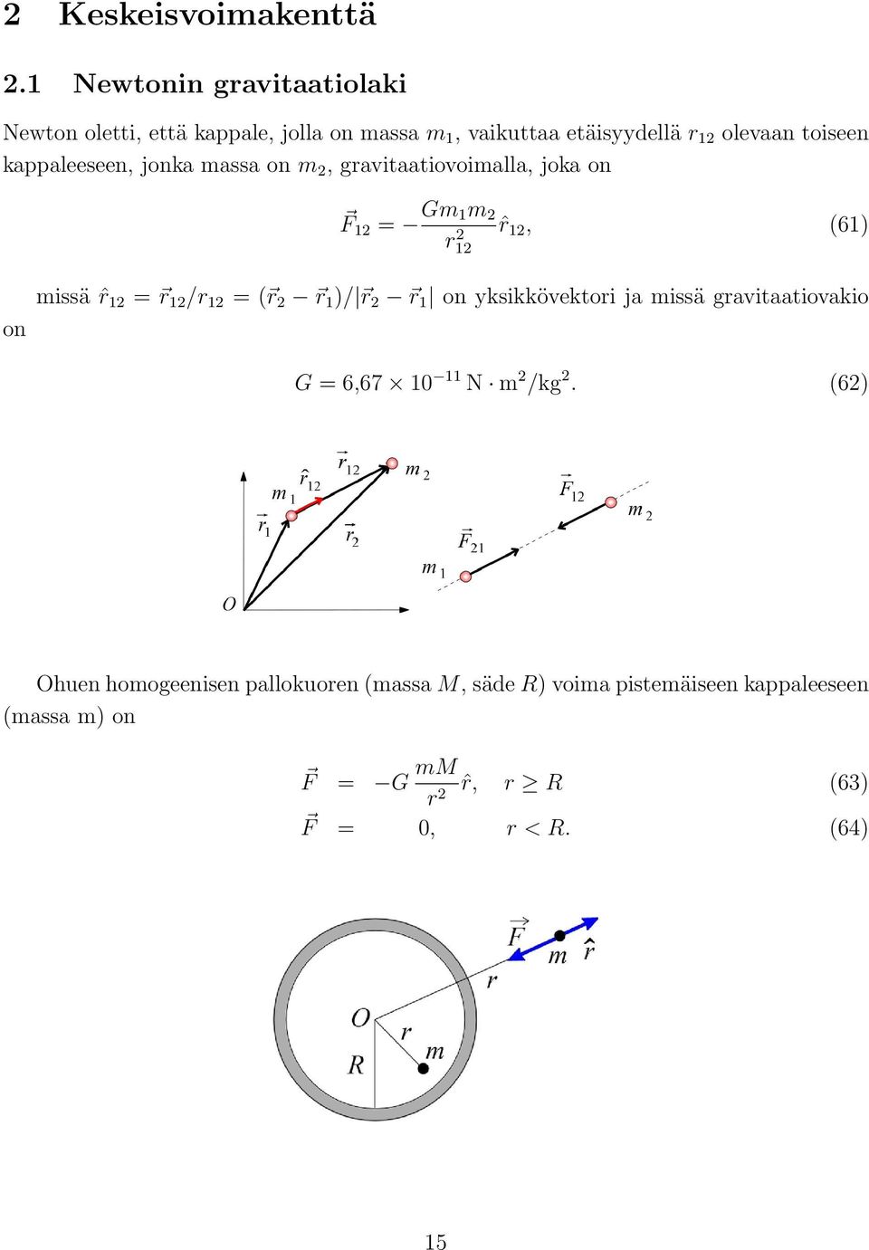 kappaleeseen, jonka massa on m 2, gravitaatiovoimalla, joka on F 12 = Gm 1m 2 ˆr r12 2 12, (61) on missä ˆr 12 = r 12 /r 12 =