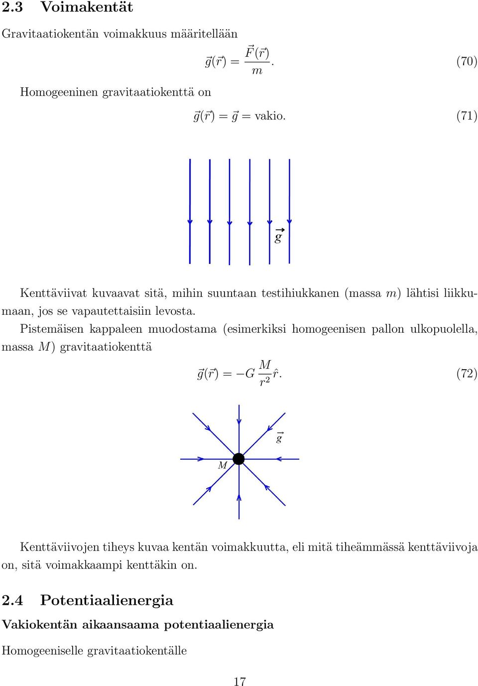 Pistemäisen kappaleen muodostama (esimerkiksi homogeenisen pallon ulkopuolella, massa M) gravitaatiokenttä g( r) = G M ˆr.