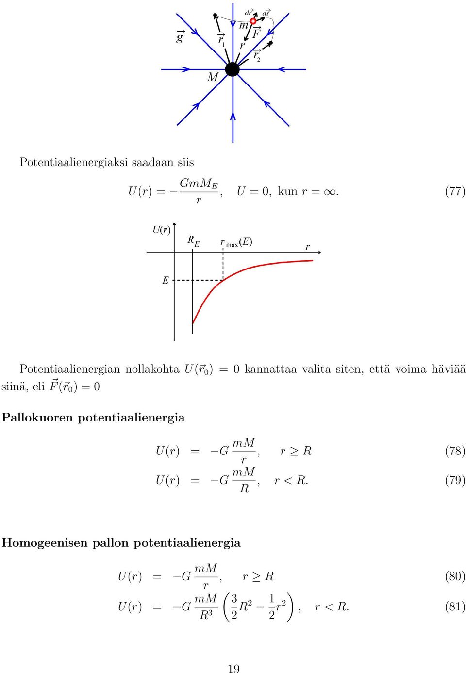 siinä, eli F ( r 0 ) = 0 Pallokuoren potentiaalienergia U(r) = G mm r, r R (78) U(r) = G mm R,