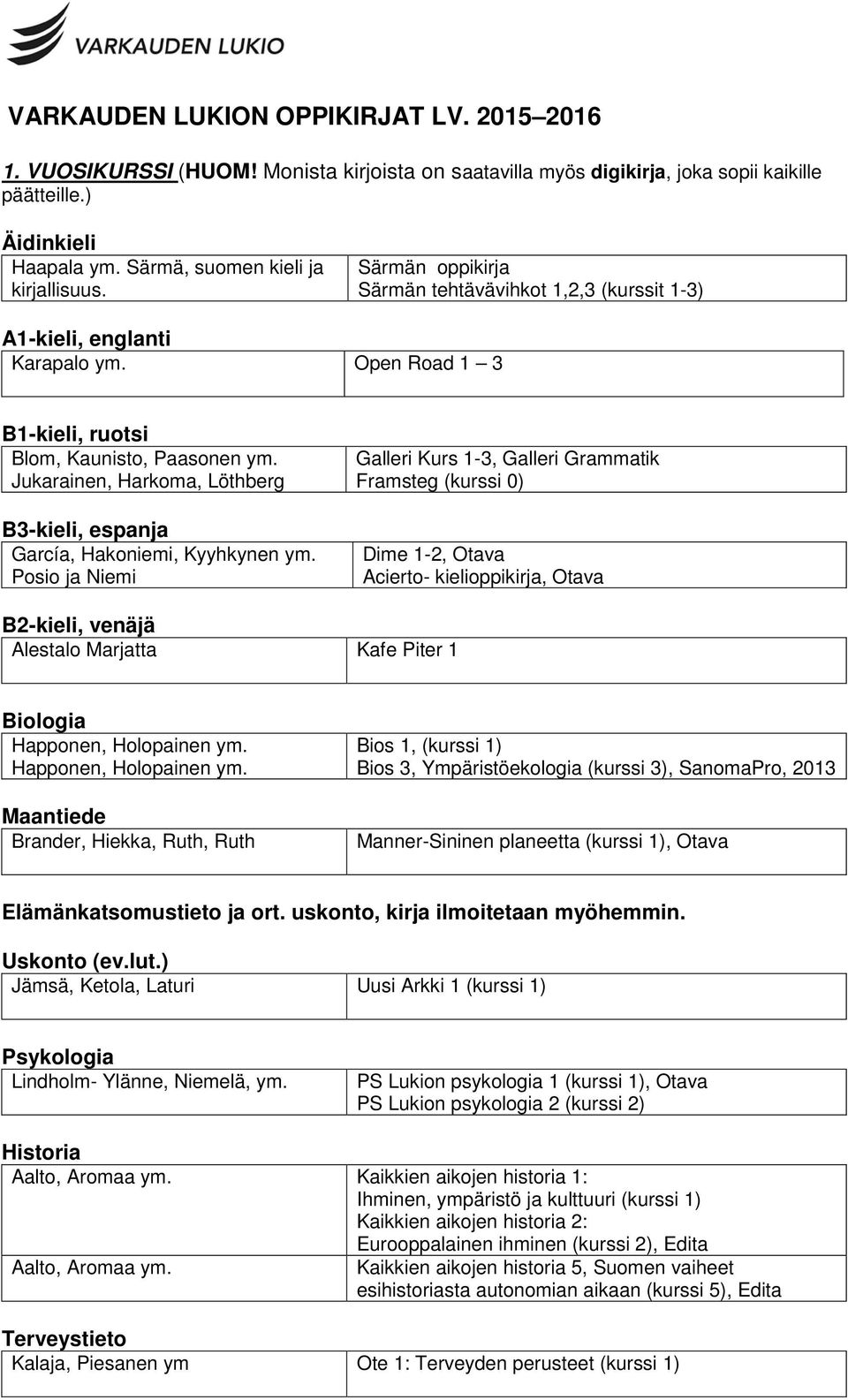 Posio ja Niemi Galleri Kurs 1-3, Galleri Grammatik Framsteg (kurssi 0) Dime 1-2, Otava Acierto- kielioppikirja, Otava B2-kieli, venäjä Alestalo Marjatta Kafe Piter 1 Brander, Hiekka, Ruth, Ruth Bios