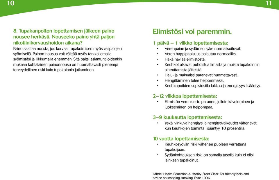 Sitä paitsi asiantuntijoidenkin mukaan kohtalainen painonnousu on huomattavasti pienempi terveydellinen riski kuin tupakoinnin jatkaminen. Elimistösi voi paremmin.