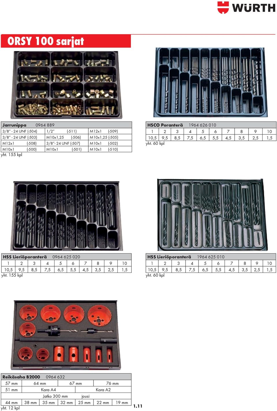 60 kpl HSS Lieriöporanterä 0964 625 020 1 2 3 4 5 6 7 8 9 10 10,5 9,5 8,5 7,5 6,5 5,5 4,5 3,5 2,5 1,5 yht.