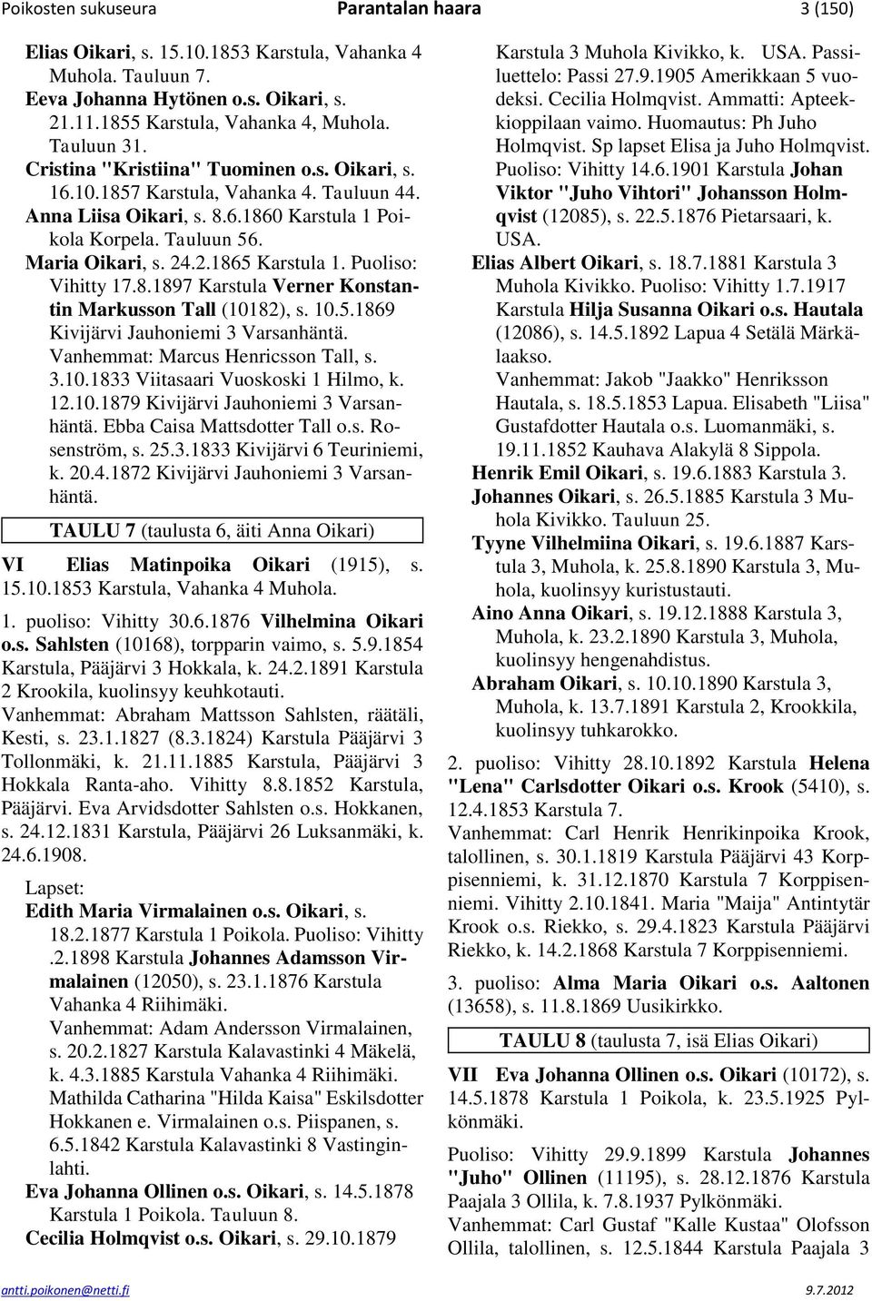 Puoliso: Vihitty 17.8.1897 Karstula Verner Konstantin Markusson Tall (10182), s. 10.5.1869 Kivijärvi Jauhoniemi 3 Varsanhäntä. Vanhemmat: Marcus Henricsson Tall, s. 3.10.1833 Viitasaari Vuoskoski 1 Hilmo, k.