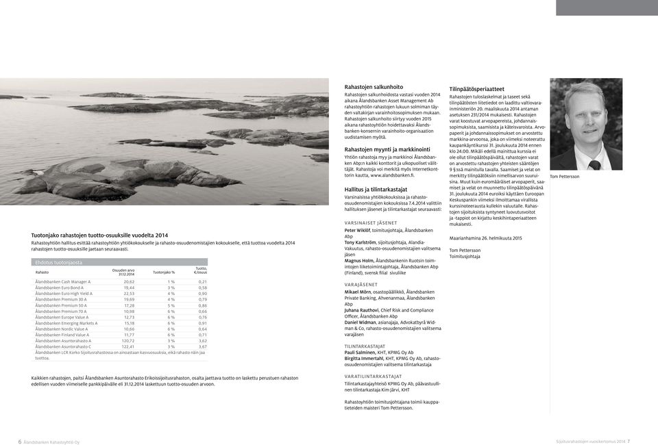 2014 Tuotonjako % Tuotto, /osuus Rahastojen salkunhoito Rahastojen salkunhoidosta vastasi vuoden 2014 aikana Ålandsbanken Asset Management Ab rahastoyhtiön rahastojen lukuun solmiman täyden