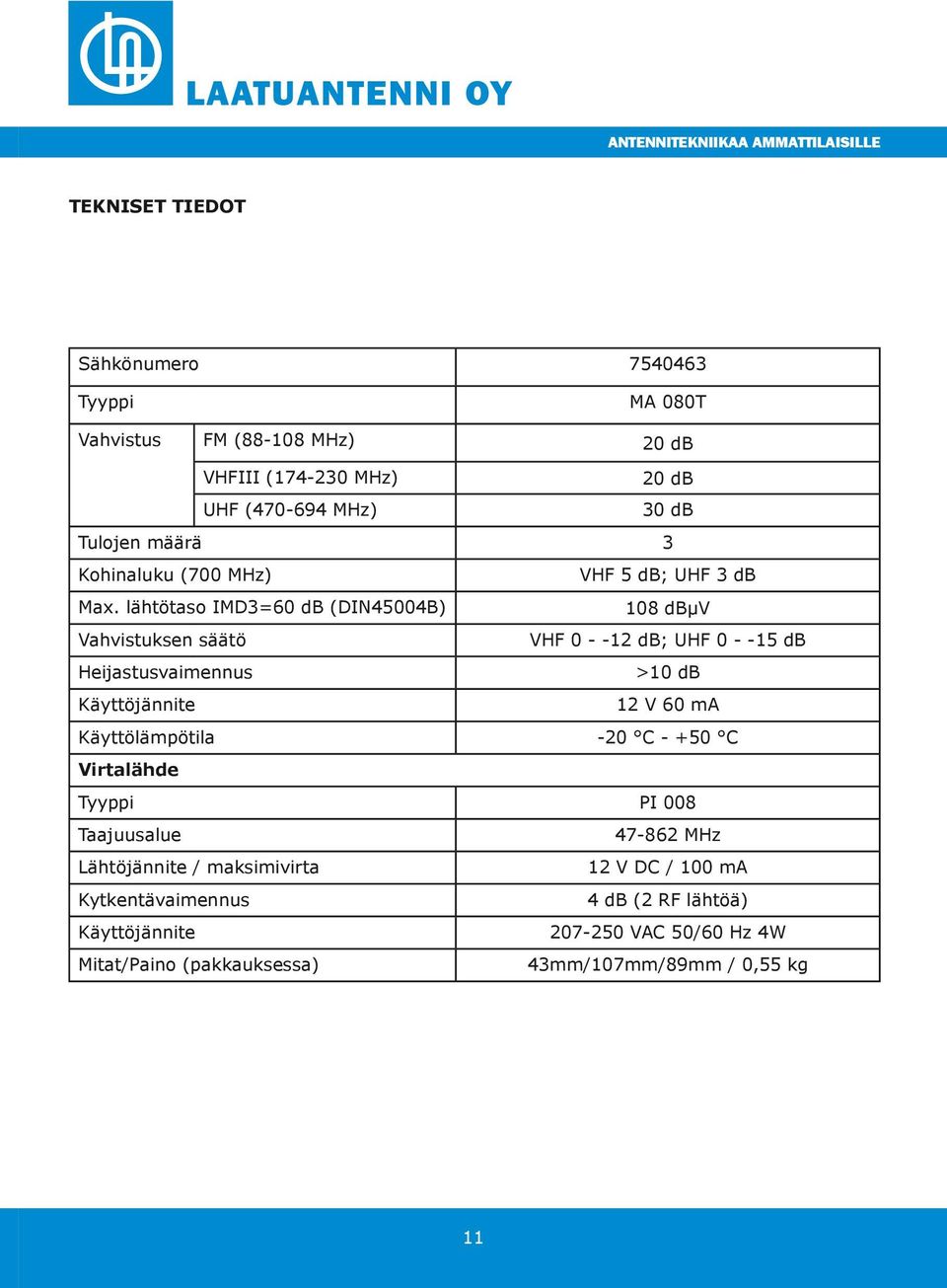 lähtötaso IMD3=60 db (DIN45004B) 108 dbμv Vahvistuksen säätö VHF 0 - -12 db; UHF 0 - -15 db Heijastusvaimennus >10 db Käyttöjännite 12 V 60 ma