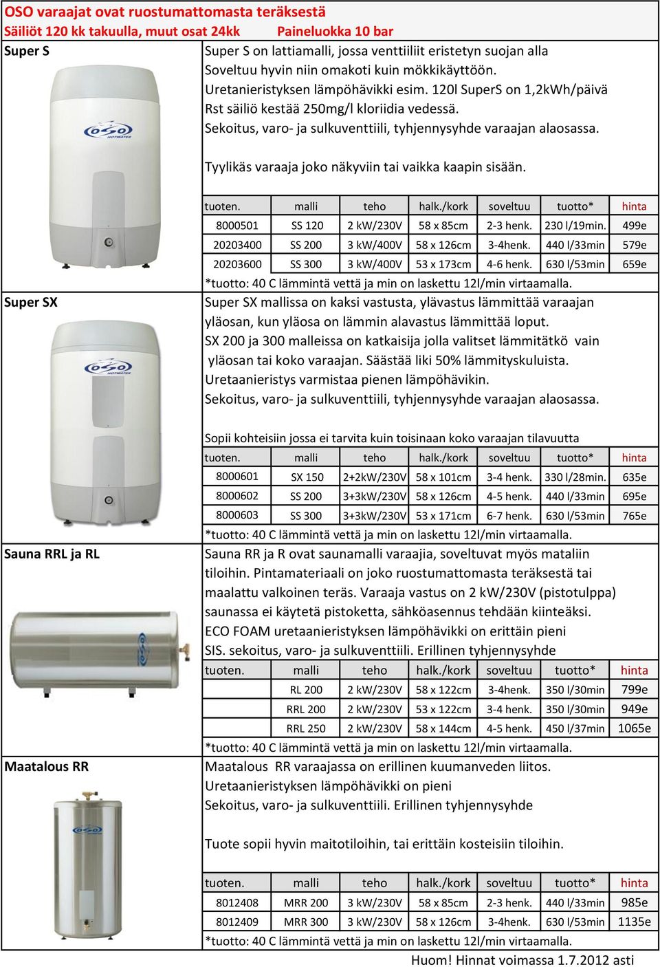 Sekoitus, varo- ja sulkuventtiili, tyhjennysyhde varaajan alaosassa. Tyylikäs varaaja joko näkyviin tai vaikka kaapin sisään. Super SX 8000501 SS 120 2 kw/230v 58 x 85cm 2-3 henk. 230 l/19min.