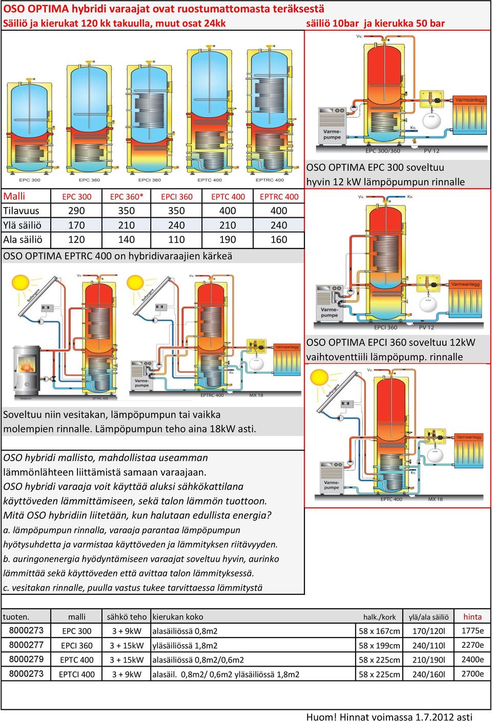OSO OPTIMA EPCI 360 soveltuu 12kW vaihtoventtiili lämpöpump. rinnalle Soveltuu niin vesitakan, lämpöpumpun tai vaikka molempien rinnalle. Lämpöpumpun teho aina 18kW asti.
