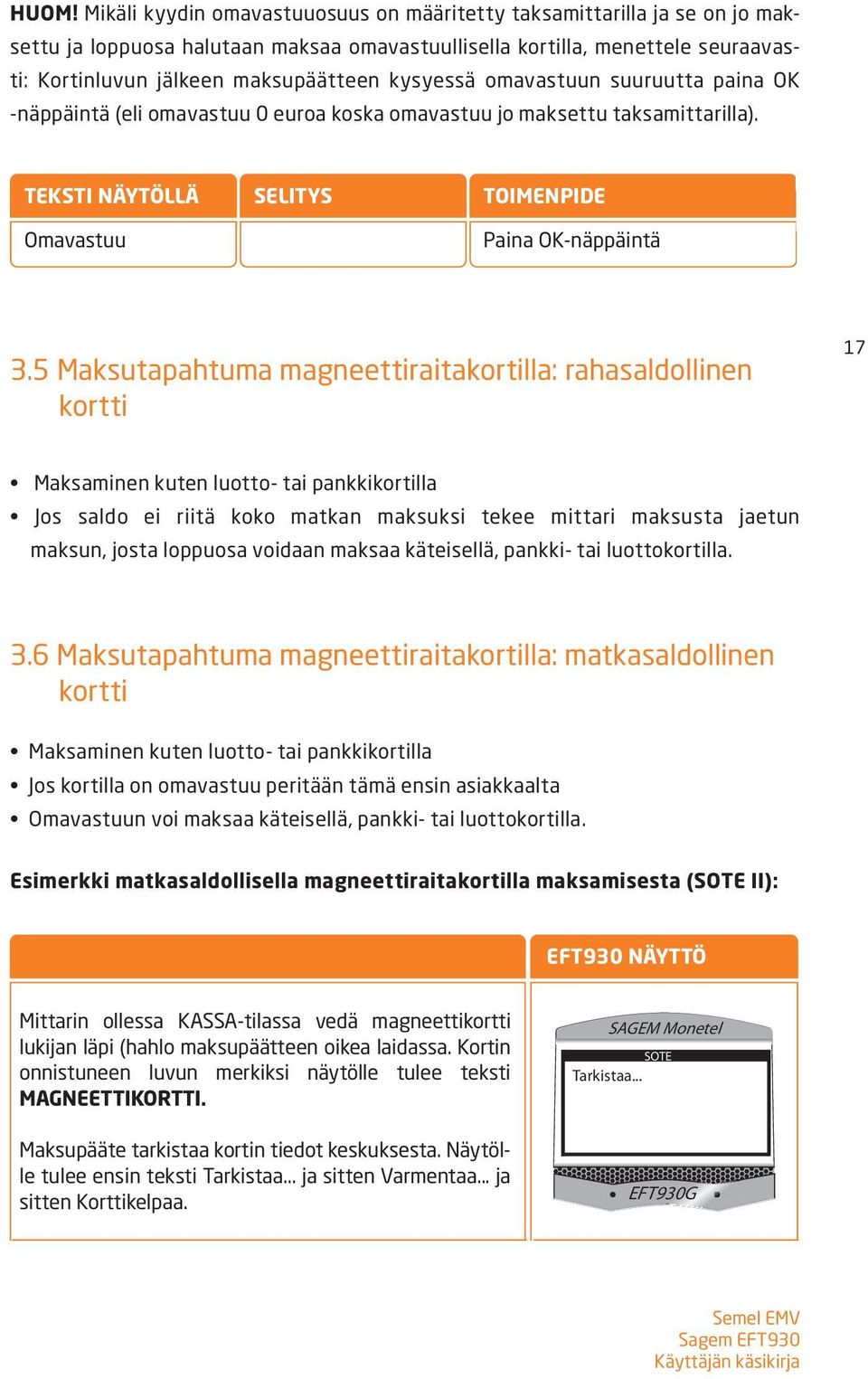 5 Maksutapahtuma magneettiraitakortilla: rahasaldollinen kortti 17 Maksaminen kuten luotto- tai pankkikortilla Jos saldo ei riitä koko matkan maksuksi tekee mittari maksusta jaetun maksun, josta