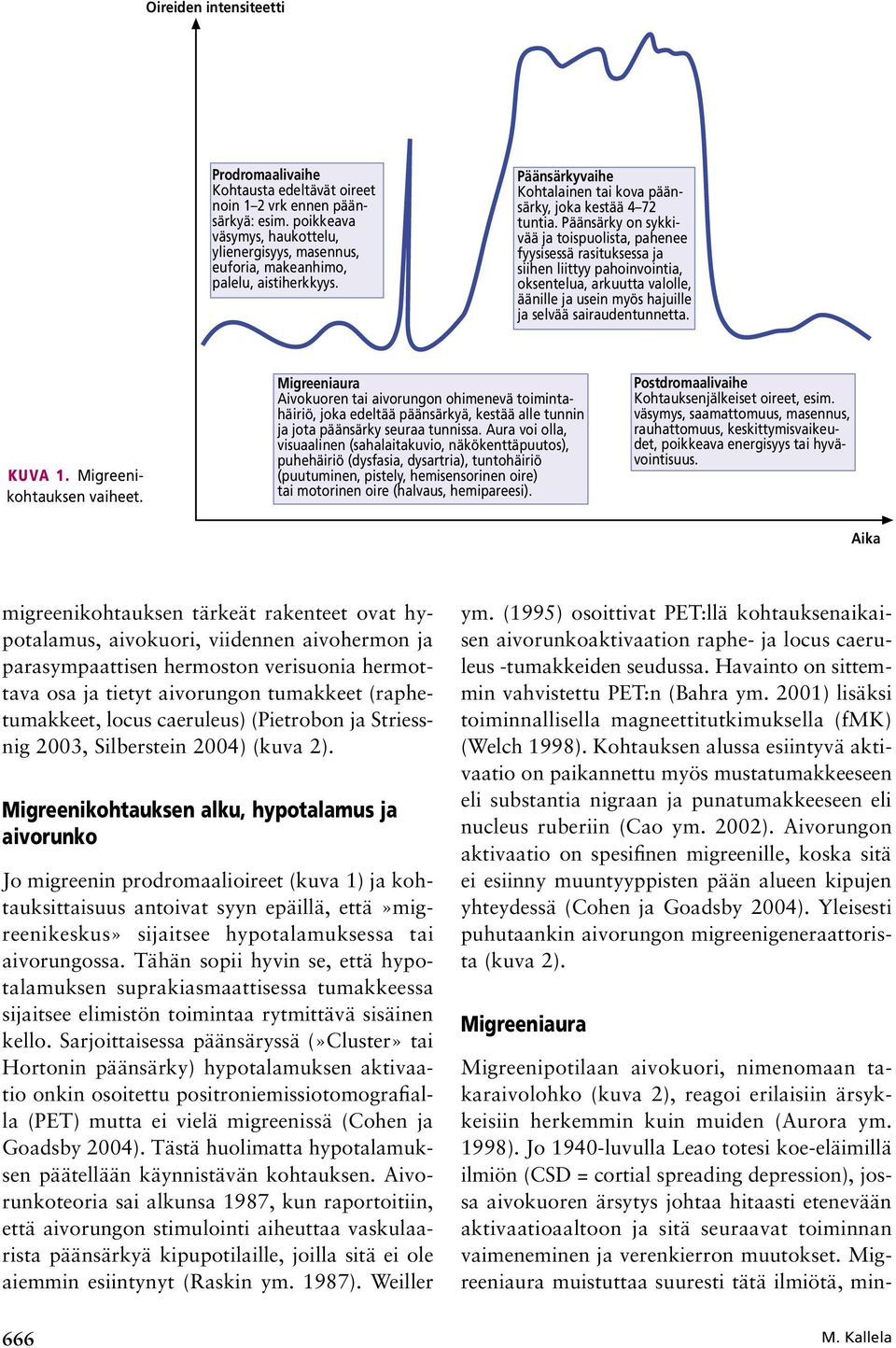 Päänsärky on sykkivää ja toispuolista, pahenee fyysisessä rasituksessa ja siihen liittyy pahoinvointia, oksentelua, arkuutta valolle, äänille ja usein myös hajuille ja selvää sairaudentunnetta.