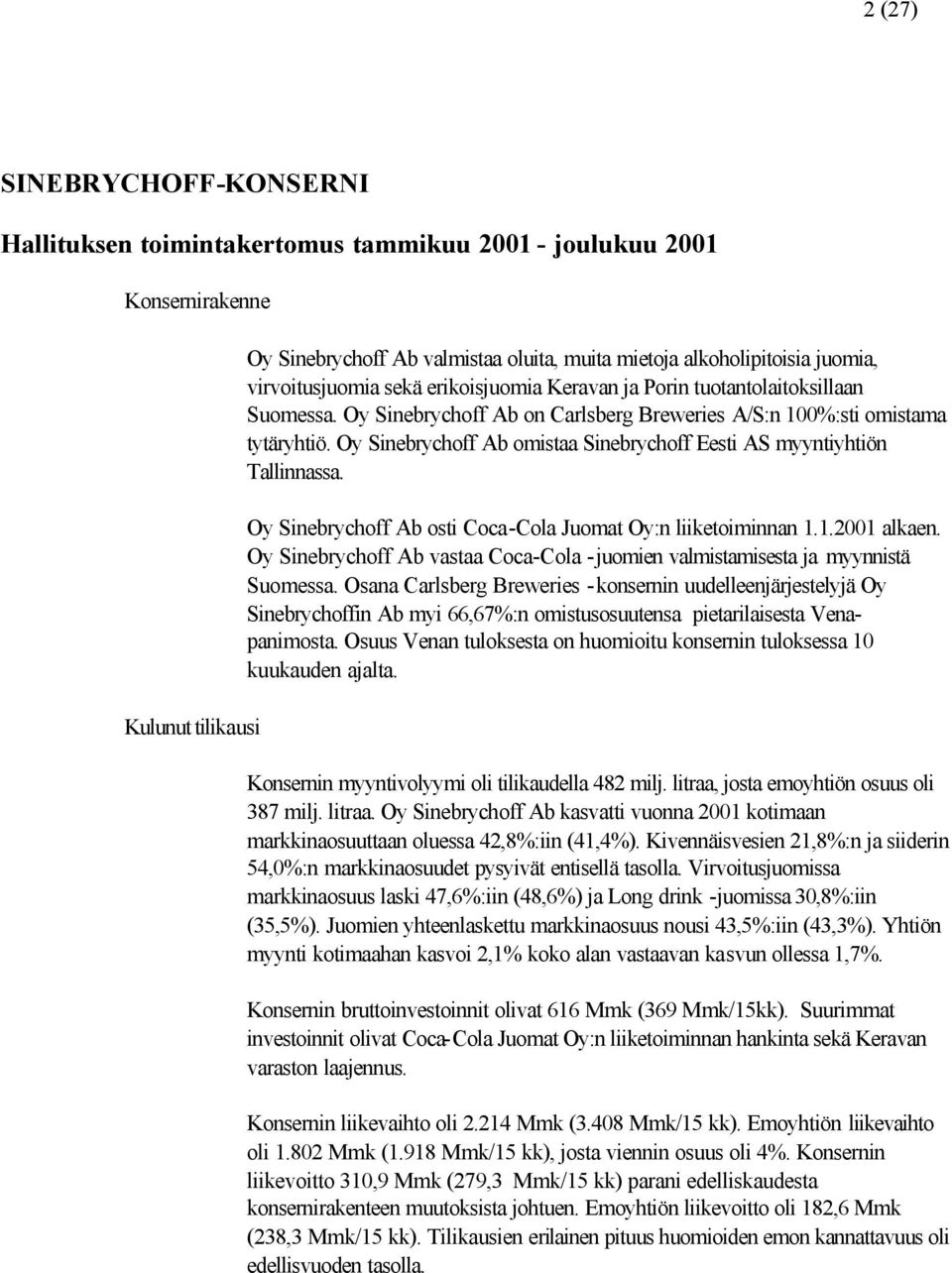 Oy Sinebrychoff Ab omistaa Sinebrychoff Eesti AS myyntiyhtiön Tallinnassa. Oy Sinebrychoff Ab osti Coca-Cola Juomat Oy:n liiketoiminnan 1.1.2001 alkaen.
