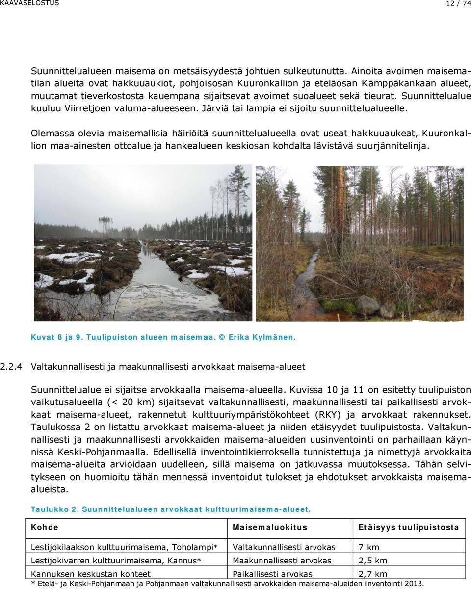 Lähimmät RKY-kohteet, Mäkiraonmäen vanha asutus (kuva 12) ja Kannuksen (kuva 13), sijaitsevat Kannuksen keskustassa noin 3,5 km suunnittelualueesta pohjoiseen. Kuvat 12 ja 13.