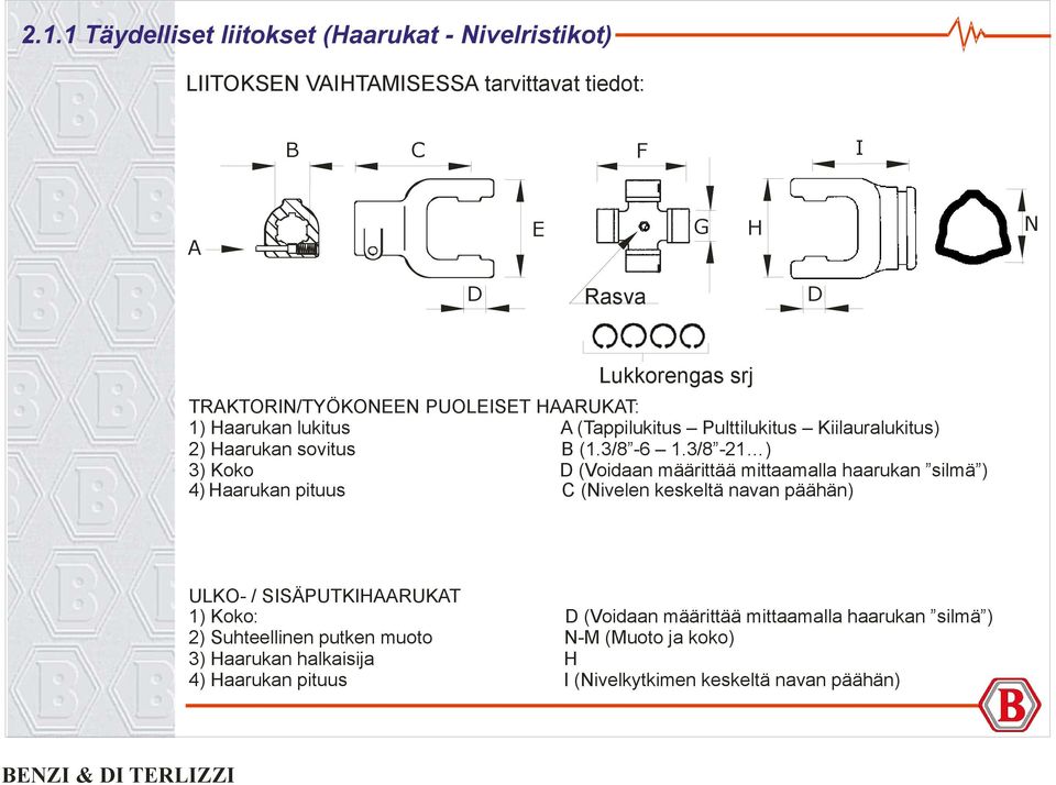 3/8-21 ) 3) Koko D (Voidaan määrittää mittaamalla haarukan silmä ) 4) Haarukan pituus C (Nivelen keskeltä navan päähän) ULKO- / SISÄPUTKIHAARUKAT 1) Koko: