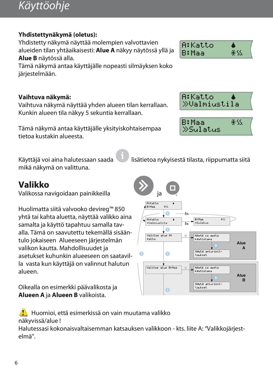 Kunkin alueen tila näkyy 5 sekuntia kerrallaan. Tämä näkymä antaa käyttäjälle yksityiskohtaisempaa tietoa kustakin alueesta.