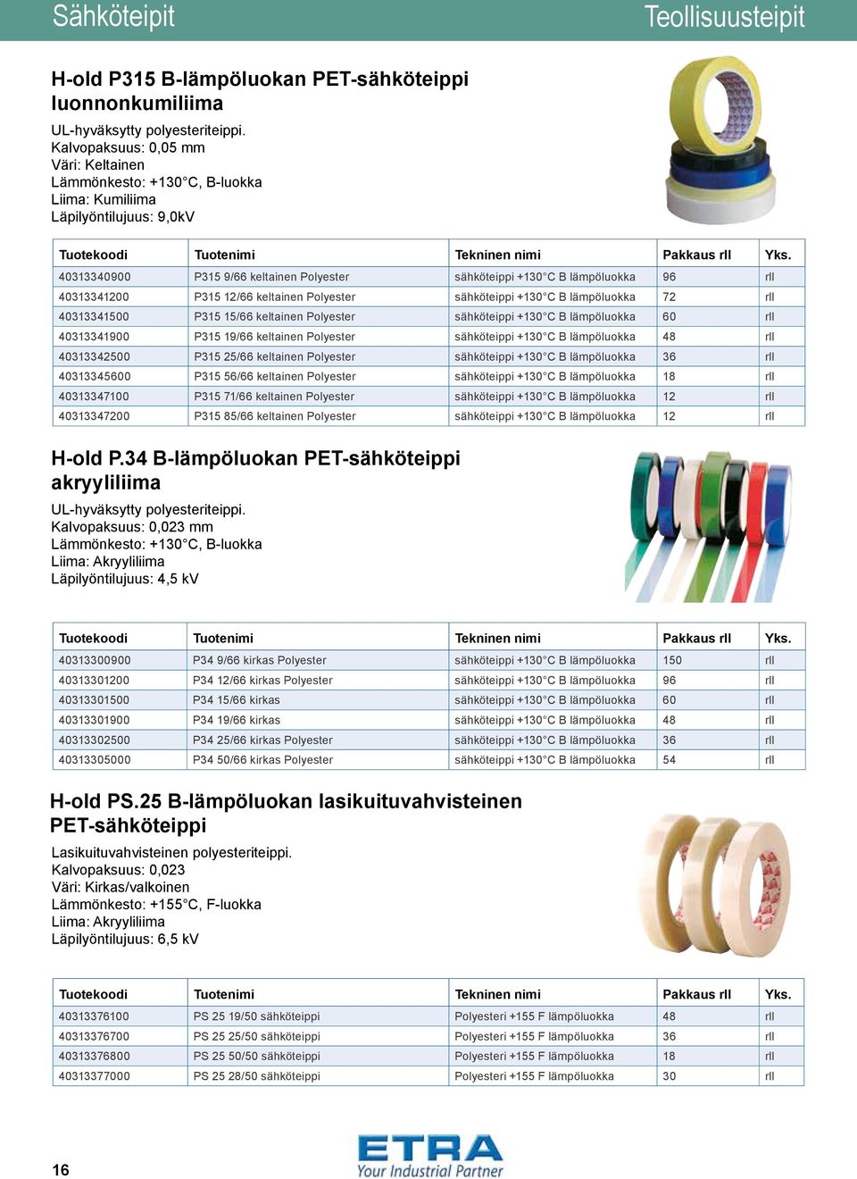 40313341200 P315 12/66 keltainen Polyester sähköteippi +130 C B lämpöluokka 72 rll 40313341500 P315 15/66 keltainen Polyester sähköteippi +130 C B lämpöluokka 60 rll 40313341900 P315 19/66 keltainen