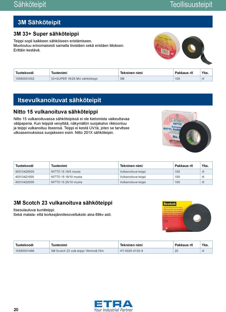 10580001052 33+SUPER 19/20 MU sähköteippi 3M 100 rll Itsevulkanoituvat sähköteipit Nitto 15 vulkanoituva sähköteippi Nitto 15 vulkanoituvassa sähköteipissä ei ole kietomista vaikeuttavaa välipaperia.