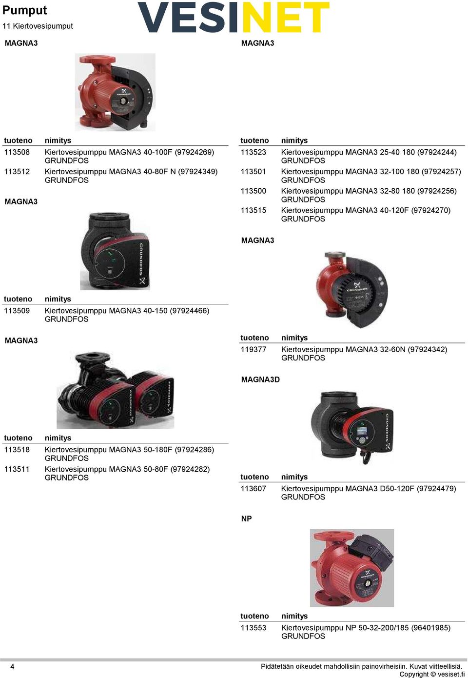 40-120F (97924270) MAGNA3 12113509 Kiertovesipumppu MAGNA3 40-150 (97924466) MAGNA3 15119377 Kiertovesipumppu MAGNA3 32-60N (97924342) MAGNA3D 13113518 Kiertovesipumppu