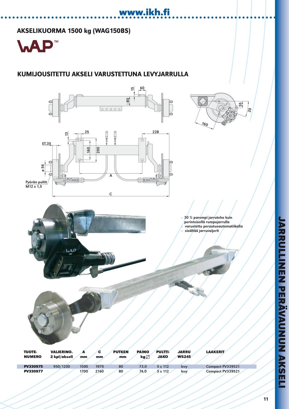 2 kpl/akseli PV330975 9/1200 PV330977 A C PUTKEN PAINO kg PULTTI- JAKO JARRU WS25 10 1700 1970 210 0 0 73,0 7,0 5 x 112 5