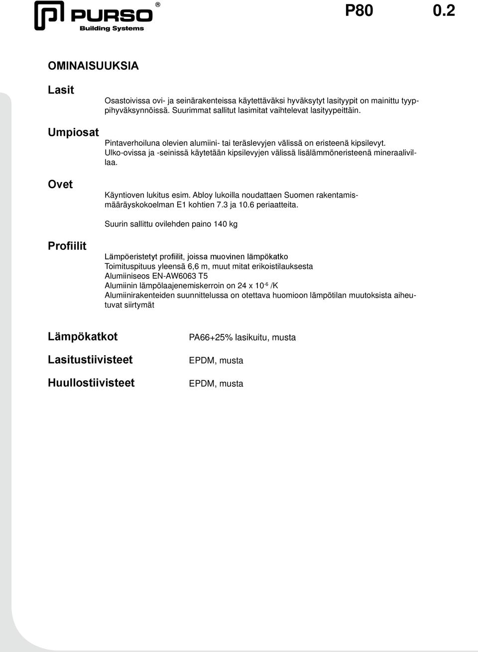 Ulko-ovissa ja -seinissä käytetään kipsilevyjen välissä lisälämmöneristeenä mineraalivillaa. Käyntioven lukitus esim. Abloy lukoilla noudattaen Suomen rakentamismääräyskokoelman E1 kohtien 7.3 ja 10.