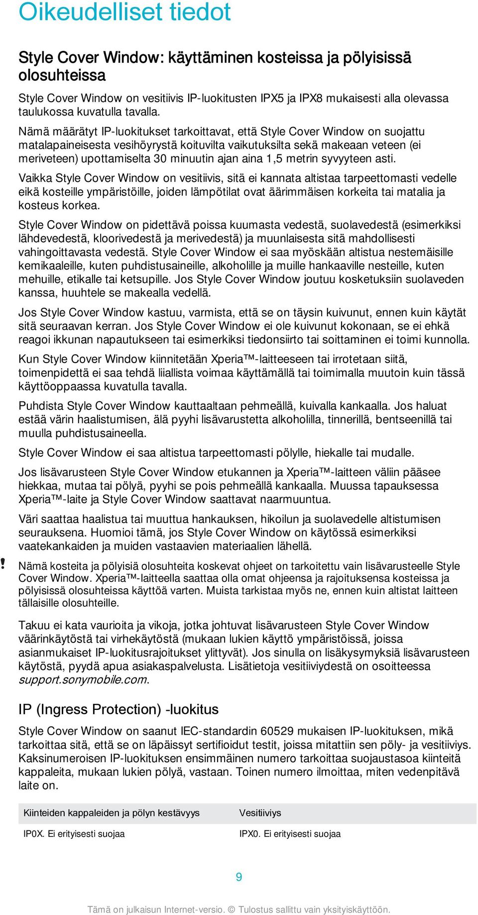 Nämä määrätyt IP-luokitukset tarkoittavat, että Style Cover Window on suojattu matalapaineisesta vesihöyrystä koituvilta vaikutuksilta sekä makeaan veteen (ei meriveteen) upottamiselta 30 minuutin