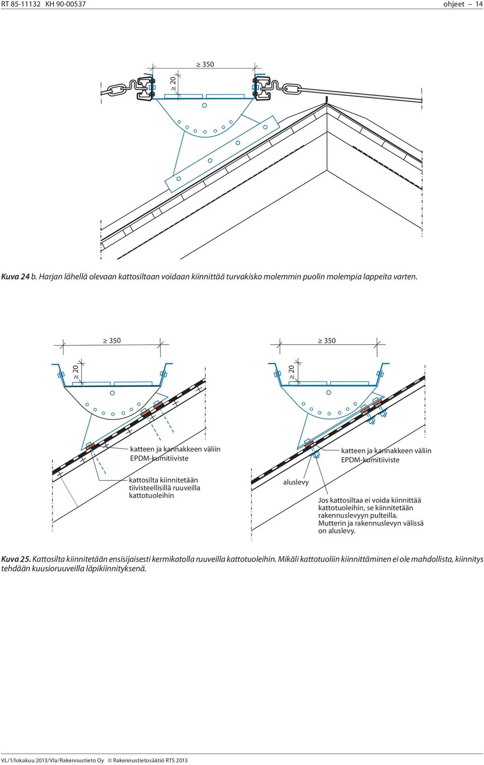 EPDM-kumitiiviste Jos kattosiltaa ei voida kiinnittää kattotuoleihin, se kiinnitetään rakennuslevyyn pulteilla. Mutterin ja rakennuslevyn välissä on aluslevy. Kuva 25.