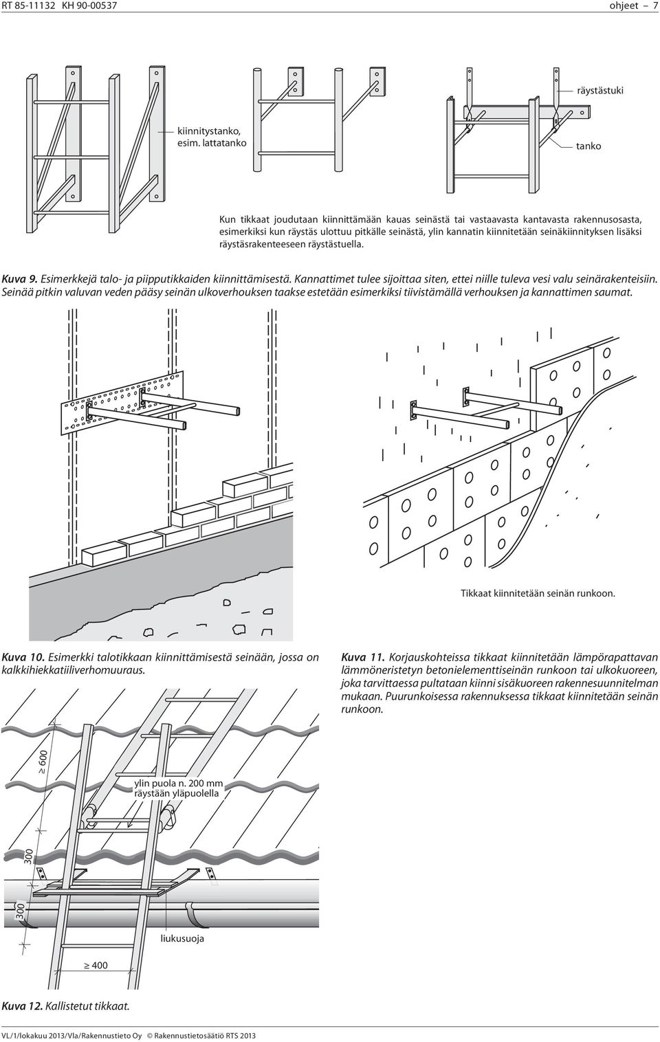 seinäkiinnityksen lisäksi räystäsrakenteeseen räystästuella. Kuva 9. Esimerkkejä talo- ja piipputikkaiden kiinnittämisestä.