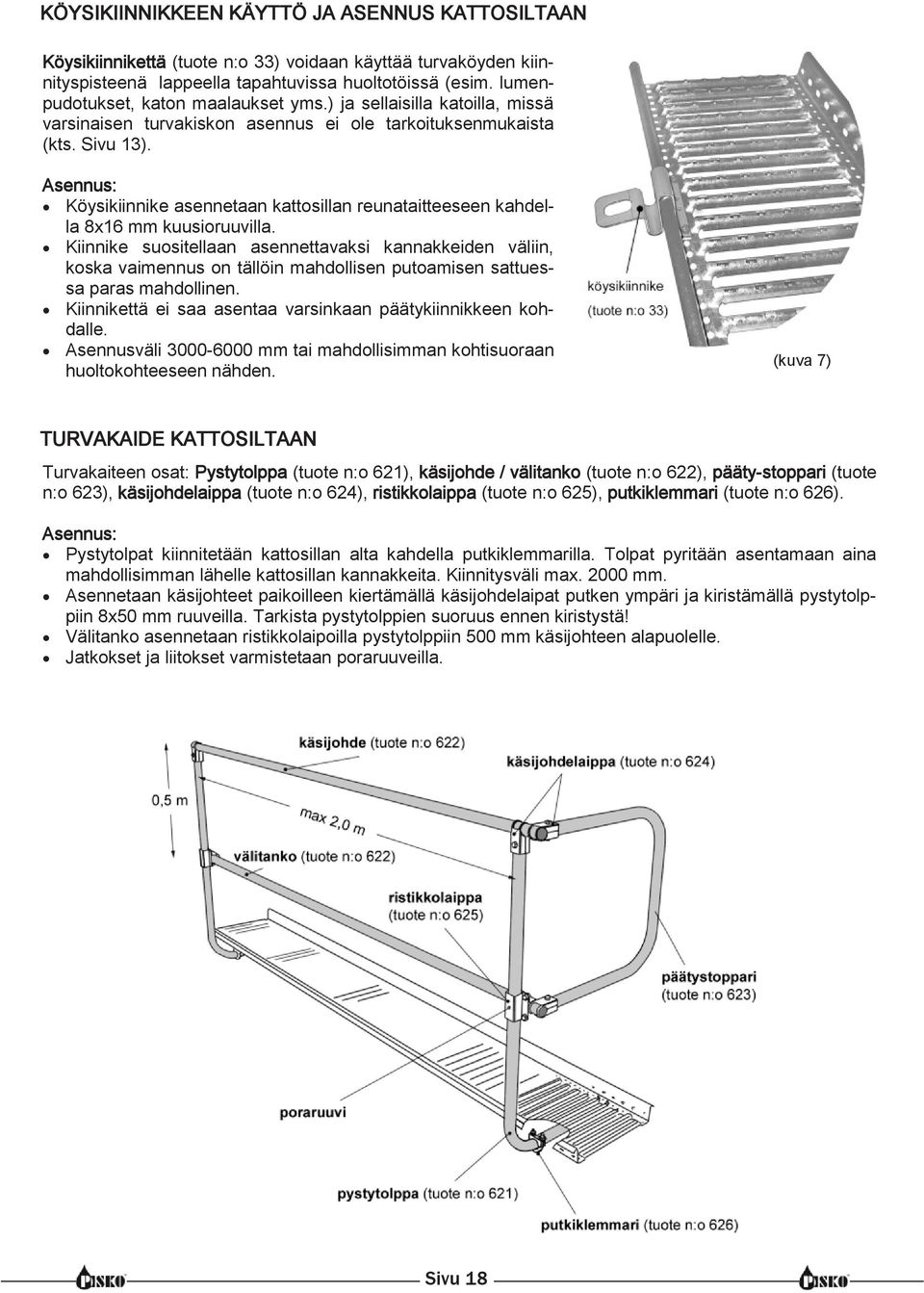 Köysikiinnike asennetaan kattosillan reunataitteeseen kahdella 8x16 mm kuusioruuvilla.