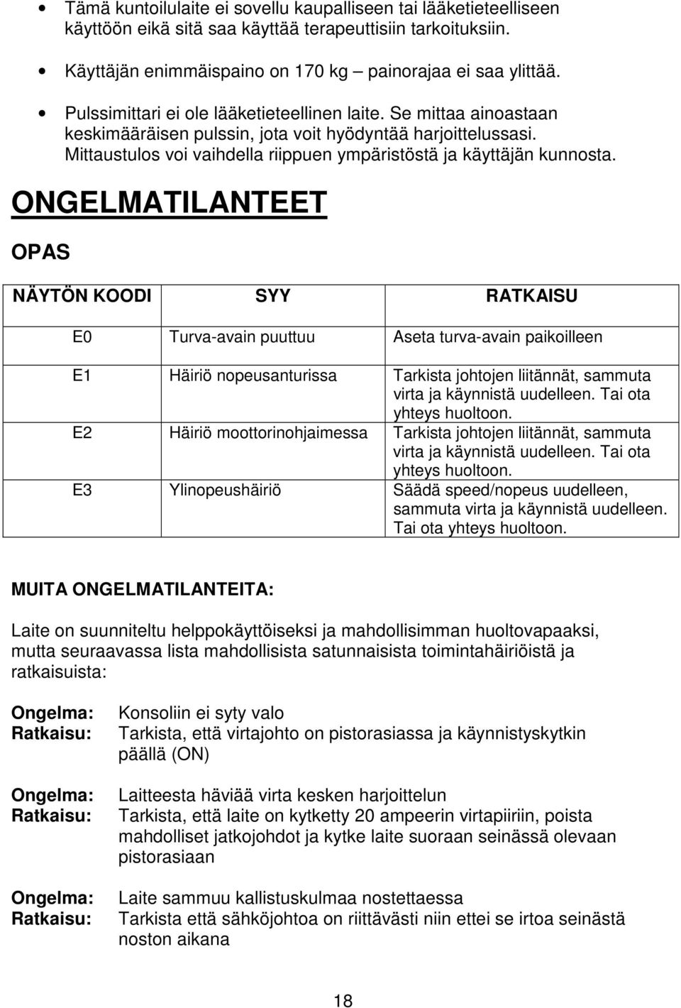 ONGELMATILANTEET OPAS NÄYTÖN KOODI SYY RATKAISU E0 Turva-avain puuttuu Aseta turva-avain paikoilleen E1 Häiriö nopeusanturissa Tarkista johtojen liitännät, sammuta virta ja käynnistä uudelleen.