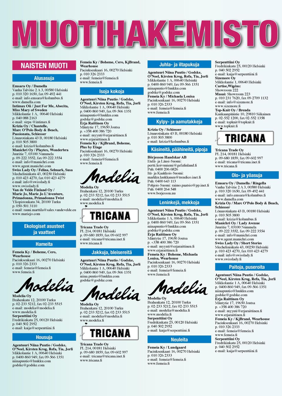 fi Krizia Oy / Chantelle, Marc O Polo Body & Beach, Passionata, Schiesser Manichri Oy / Playtex, Wonderbra Juuritie 7, 03100 Nummela p. 09-222 3552, fax 09-222 3554 info@manichri.com www.agent.
