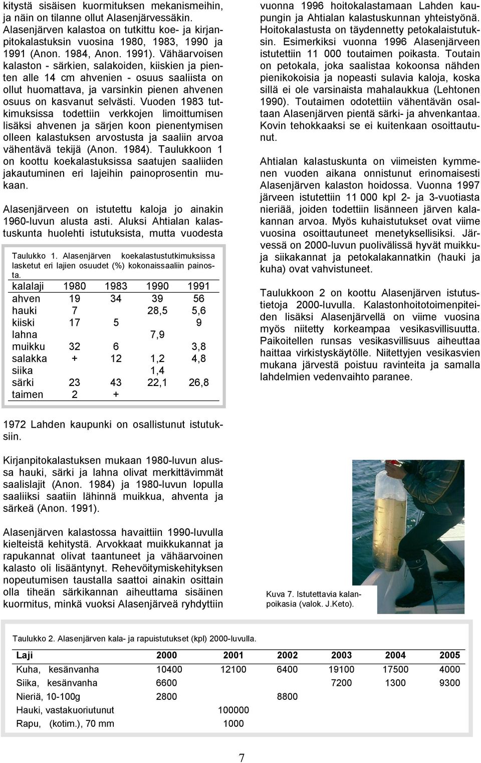 Vuoden 1983 tutkimuksissa todettiin verkkojen limoittumisen lisäksi ahvenen ja särjen koon pienentymisen olleen kalastuksen arvostusta ja saaliin arvoa vähentävä tekijä (Anon. 1984).