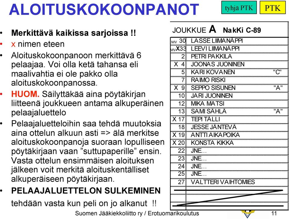 lopulliseen pöytäkirjaan vaan suttupaperille ensin. Vasta ottelun ensimmäisen aloituksen jälkeen voit merkitä aloituskentälliset alkuperäiseen pöytäkirjaan.