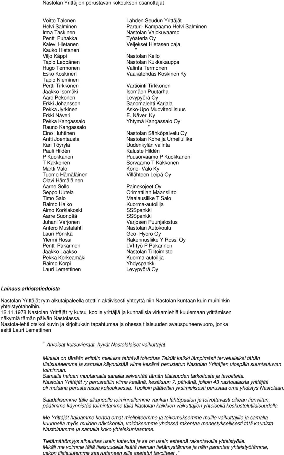 Vartiointi Tirkkonen Jaakko Isomäki Isomäen Puutarha Aaro Pekonen Levypyörä Oy Erkki Johansson Sanomalehti Karjala Pekka Jyrkinen Asko-Upo Muoviteollisuus Erkki Näveri E.