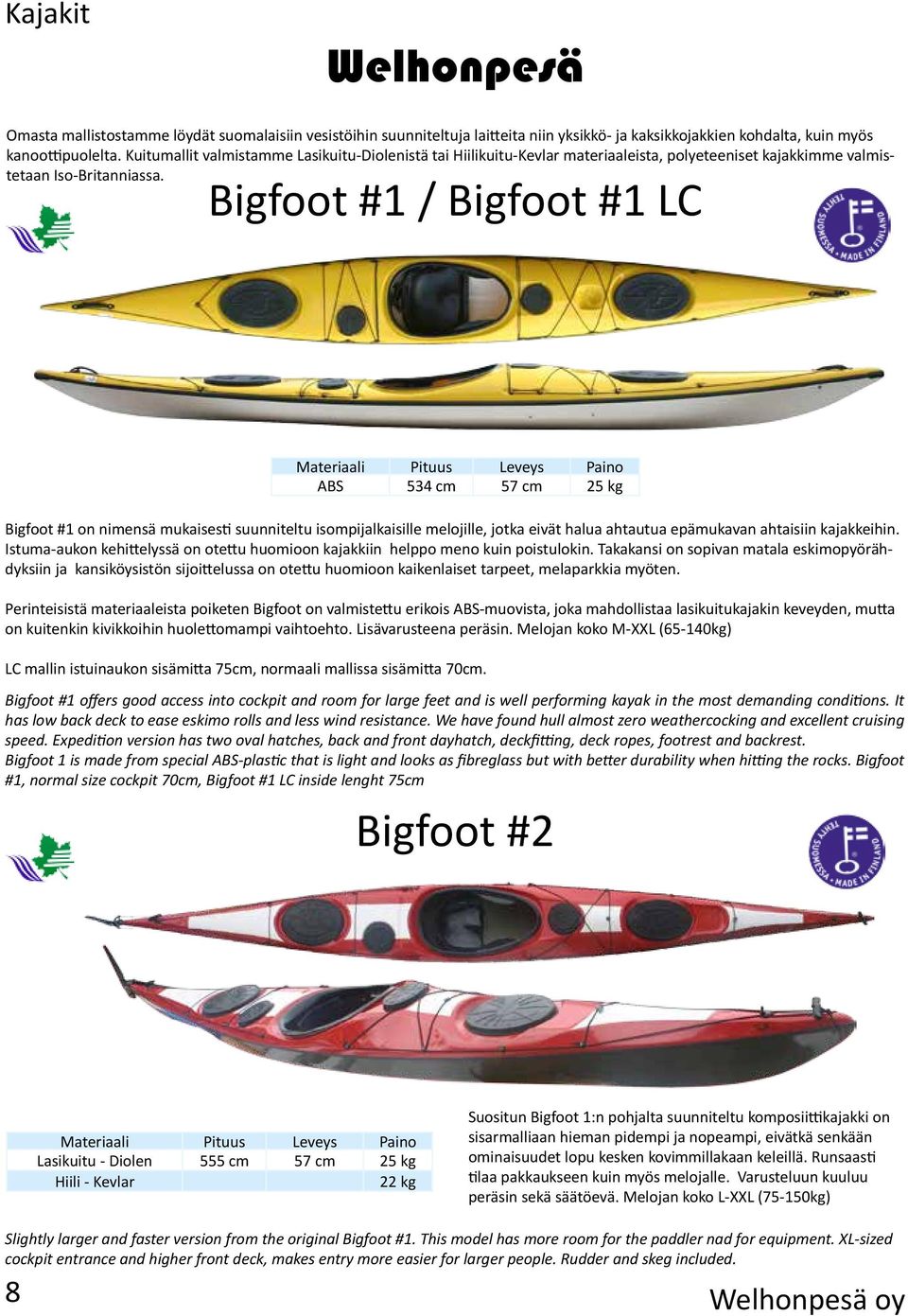 Bigfoot #1 / Bigfoot #1 LC ABS 534 cm 57 cm 25 kg Bigfoot #1 on nimensä mukaisesti suunniteltu isompijalkaisille melojille, jotka eivät halua ahtautua epämukavan ahtaisiin kajakkeihin.