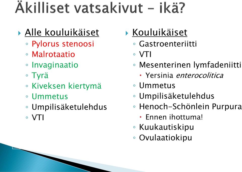 Mesenterinen lymfadeniitti Yersinia enterocolitica Ummetus