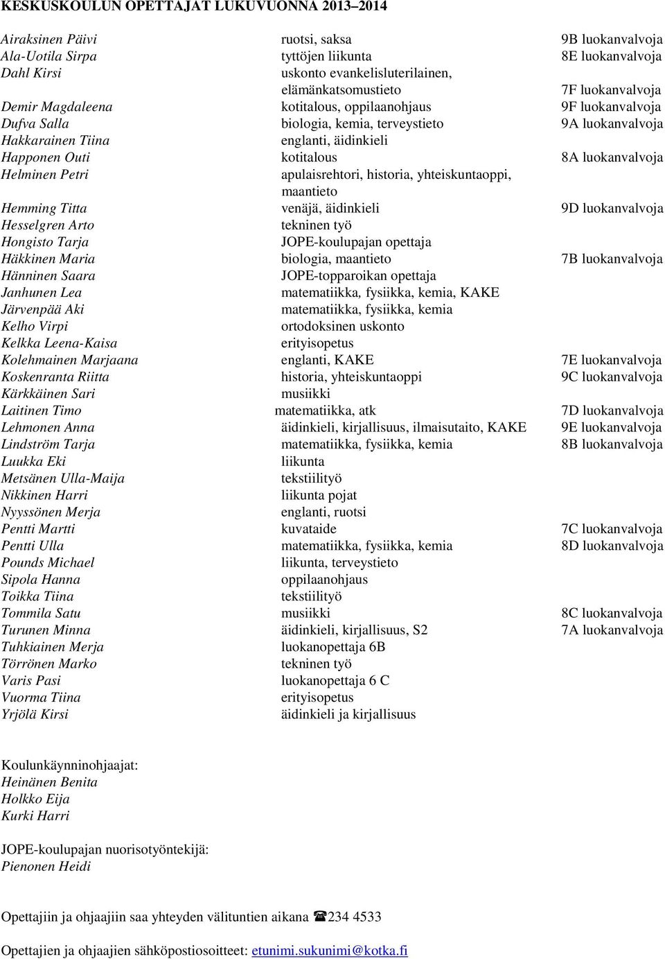 Happonen Outi kotitalous 8A luokanvalvoja Helminen Petri apulaisrehtori, historia, yhteiskuntaoppi, maantieto Hemming Titta venäjä, äidinkieli 9D luokanvalvoja Hesselgren Arto tekninen työ Hongisto