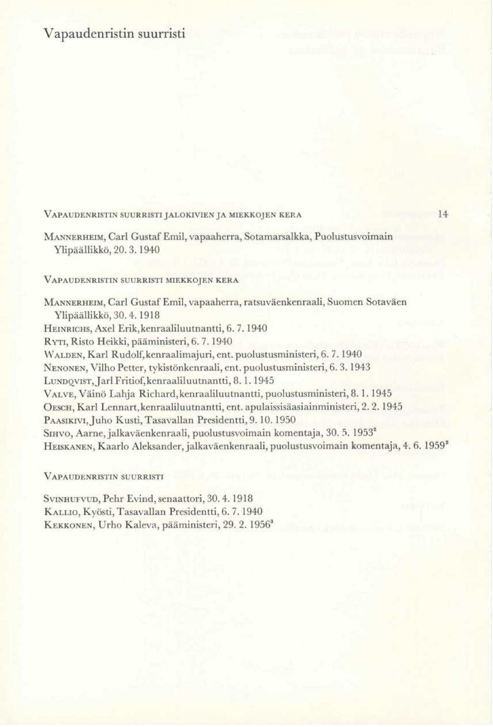 1940 RYTI, Risto Heikki, pääministeri, 6. 7. 1940 WALDEN, Karl Rudolf,kenraalimajuri, ent. puolustusministeri, 6. 7. 1940 NENONEN, Vilho Petter, tykistönkenraali, ent. puolustusministeri, 6.3.