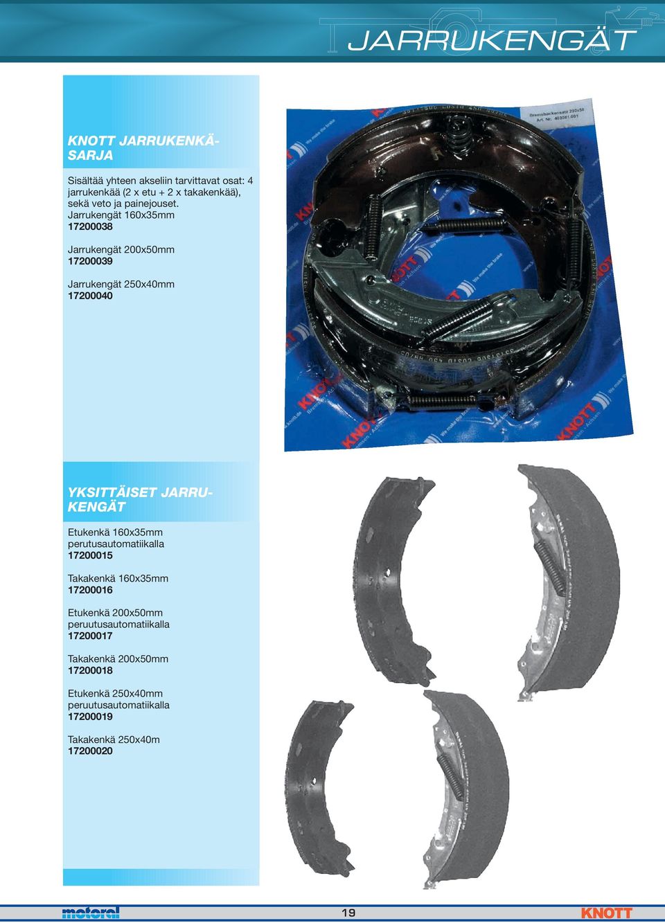 Jarrukengät 160x35mm 17200038 Jarrukengät 200x50mm 17200039 Jarrukengät 250x40mm 17200040 YKSITTÄISET JARRU- KENGÄT Etukenkä