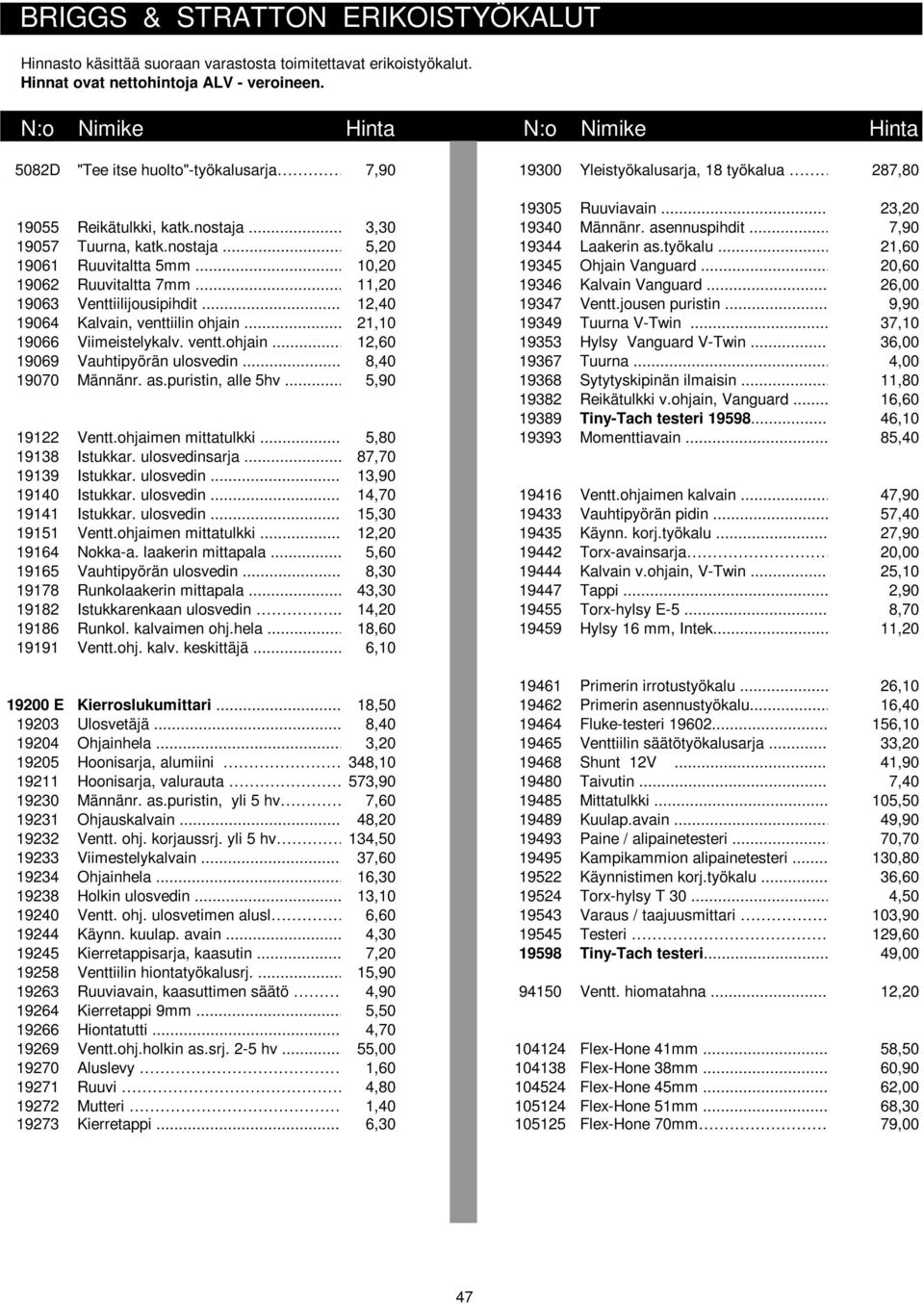 .. 3,30 19340 Männänr. asennuspihdit... 7,90 19057 Tuurna, katk.nostaja... 5,20 19344 Laakerin as.työkalu... 21,60 19061 Ruuvitaltta 5mm... 10,20 19345 Ohjain Vanguard... 20,60 19062 Ruuvitaltta 7mm.