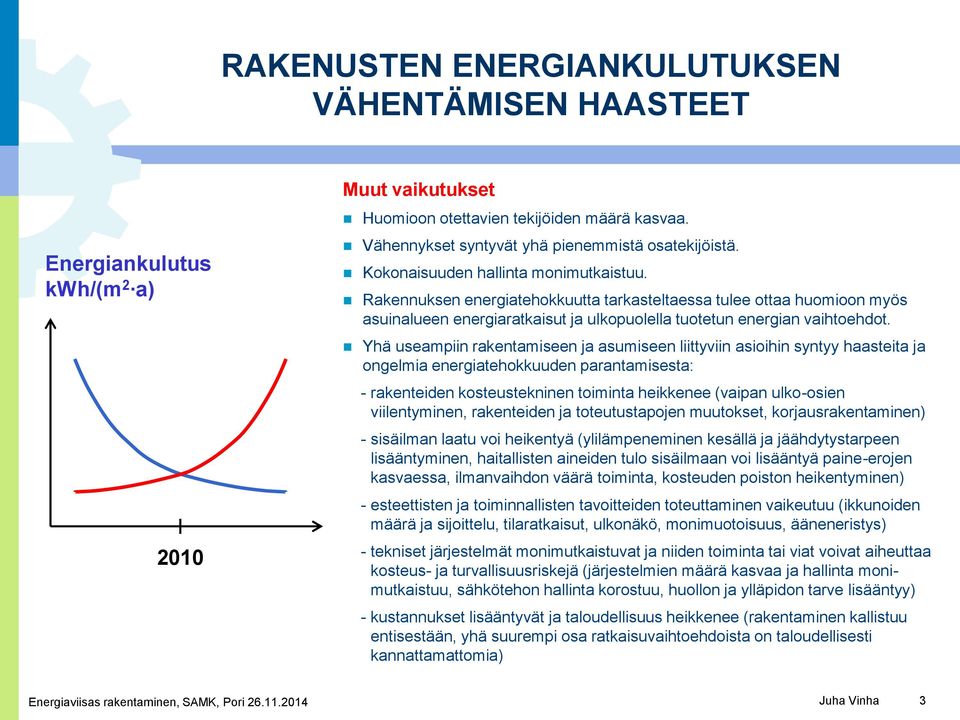 Yhä useampiin rakentamiseen ja asumiseen liittyviin asioihin syntyy haasteita ja ongelmia energiatehokkuuden parantamisesta: - rakenteiden kosteustekninen toiminta heikkenee (vaipan ulko-osien